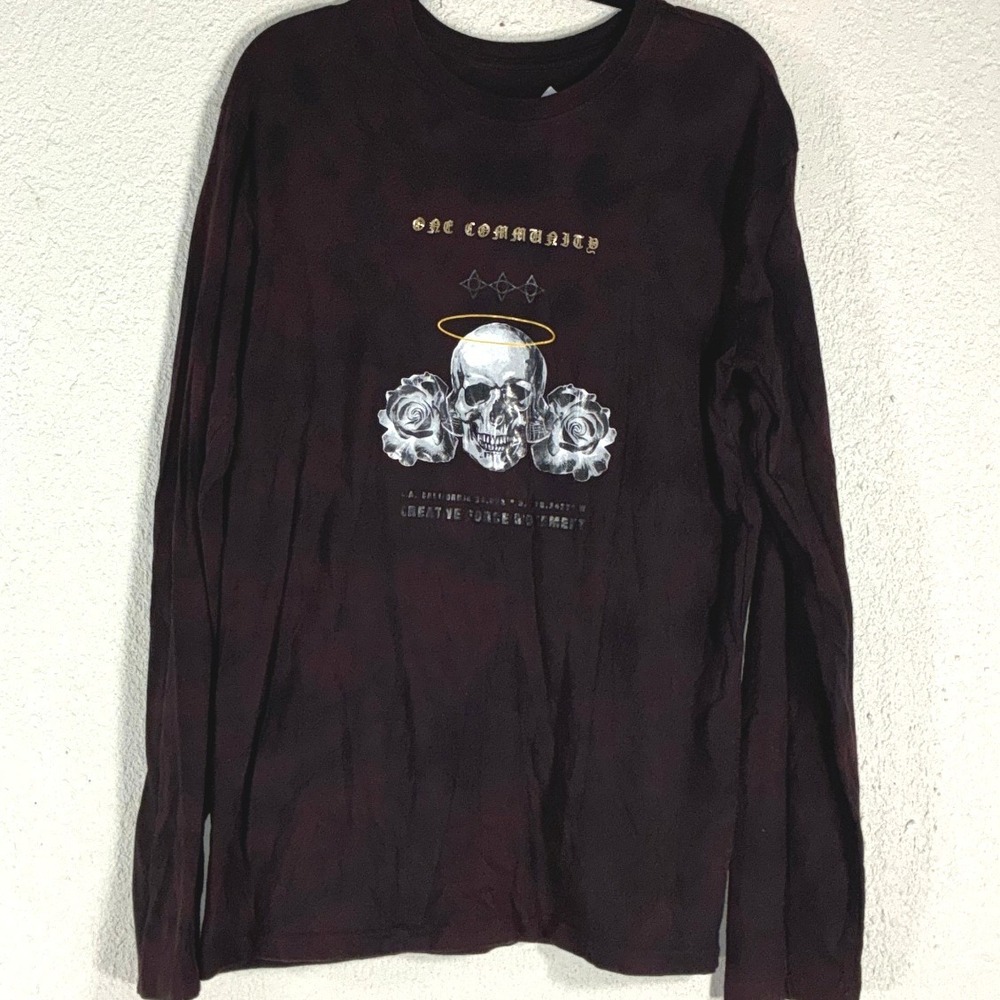Original Gravity Mens Long Sleeve Skull Rose Graphic Tee Maroon Size M NYC